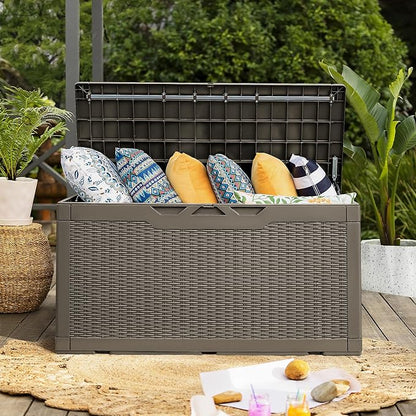 Flamaker Deck Box with Cushion 100 Gallon Waterproof Resin Storage Box with Air Rod Indoor Outdoor Lockable Storage Bench for Patio Furniture, Tools, Pool Accessories (Brown)