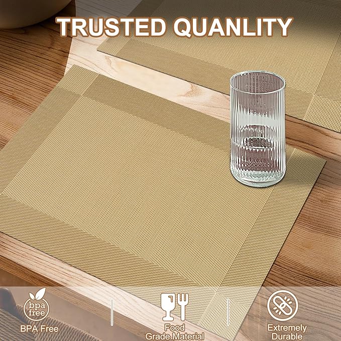 BETEAM Placemats Set of 6, Woven Vinyl Placemat for Dining Table Washable Wipeable Kitchen Place Mats Durable Indoor Outdoor Table Mats