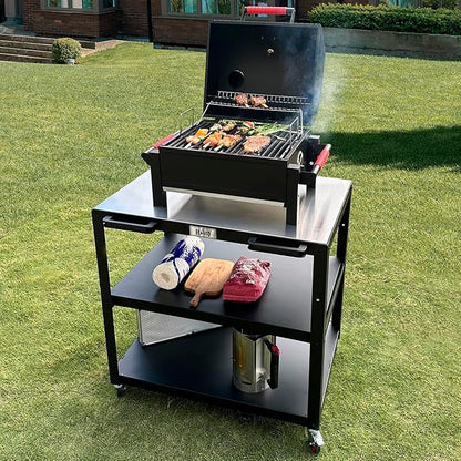 36''x 24'' Large Movable Pizza Oven Table for Outdoor, 304 Stainless Steel Grill Cart with Wheels, 3-Shelf Outdoor Kitchen Prep Table Pizza Oven Stand on Wheels for Pizza Oven& Griddle