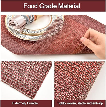 SLKQG Placemats Set of 8 - Easy Clean Washable Vinyl Placemats - Wipeable Heat Resistant Table Mats for Dining Table - 17.7x11.8 Inch (8, Red Gradient)