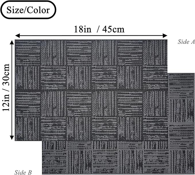 Black Placemats Set of 6, Plastic Vinyl 18" x 12" Place Mats for Dinner Table, No-Slip Wipeable Table Mats Daily Use Patio Kitchen Decoration