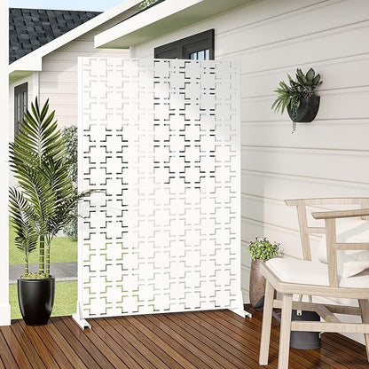 Casaphoria Metal Privacy Screen Outdoor, 72" H x 47" W Freestanding Decorative Privacy Screen for Patio Deck Balcony Garden with Stable Base, White Brick