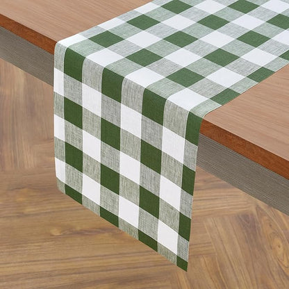 Solino Home Linen Table Runner 120 Inches Long - 100% Pure Linen Buffalo Check Olive and White Table Runner 14 x 120 Inch Ideal for Dining, Spring, St Patricks Day, Easter