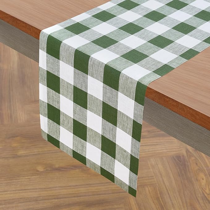 Solino Home Linen Table Runners 90 Inches Long - 100% Pure Linen Buffalo Check Olive and White Table Runner 14 x 90 Inch Ideal for Dining, Spring, St Patricks Day, Easter