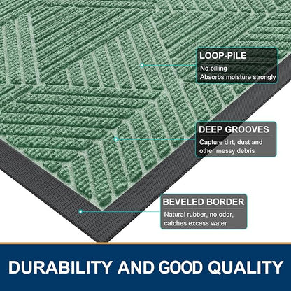 Smiry Front Door Mat Outside Entrance, Heavy Duty Sturdy Natural Rubber Doormat, Trap Dirt and Moisture, Easy Clean Low Profile Mats for Indoor Outdoor Entry, Irregular Triangle (36x24, Mint Green)