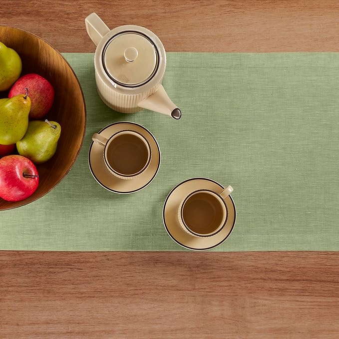 Solino Home Linen Table Runner 90 Inches Long - Athena, 100% Pure Linen Chambray Olive Table Runner 14 x 90 Inch for Dining, Spring, St Patricks Day
