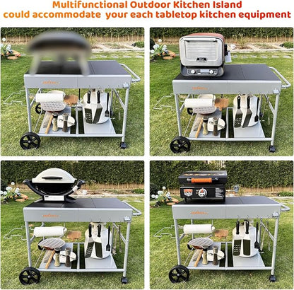 Upgraded Pizza Oven Cart Table for Ooni Koda/Karu/Fyra 16 & 12, Movable Thicken & Widen Rolling Kitchen Cart, Outdoor Grill Stand for Ninja Woodfire,Blackstone Griddle,Barbecue Tool Set