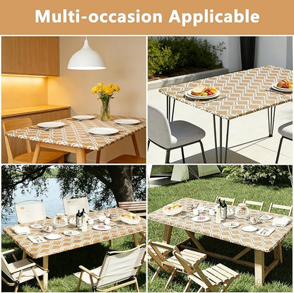 Rectangle Picnic Table Cloth, Elastic Waterproof Fitted Vinyl Tablecloths for 6 Foot Tables, Wipeable Flannel Backed Table Covers for Dining, Camping, Outdoor(Khaki,30"x72")