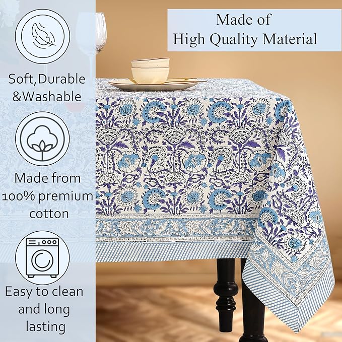 CPC Tablecloth 100% Cotton 70x118 Inch Indian Block Print Rectangle Table Cover, Table Cloth for Weddings, Spring/Summer, Barbeque - Indigo Blue