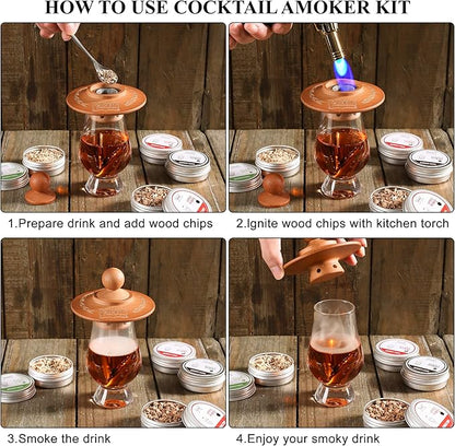 Bourbon Whiskey Cocktail Smoker Kit with Torch, Glexal Drink Smoker Infuser Kit with Four Flavors Wood Chips for Smoked Old Fashioned Cocktails, Whiskey Bourbon Gifts for Men Father's Day (No Butane)