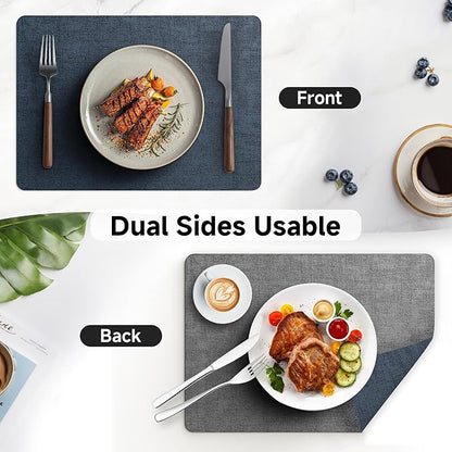 Faux Leather Vinyl Placemats Set of 4 Wipeable Heat Resistant Place Mats 100% Washable - Waterproof - Anti Slip Reversible Table Mats for Kitchen/Dining/Party, 12" x 16.5", Navy Blue & Dark Grey