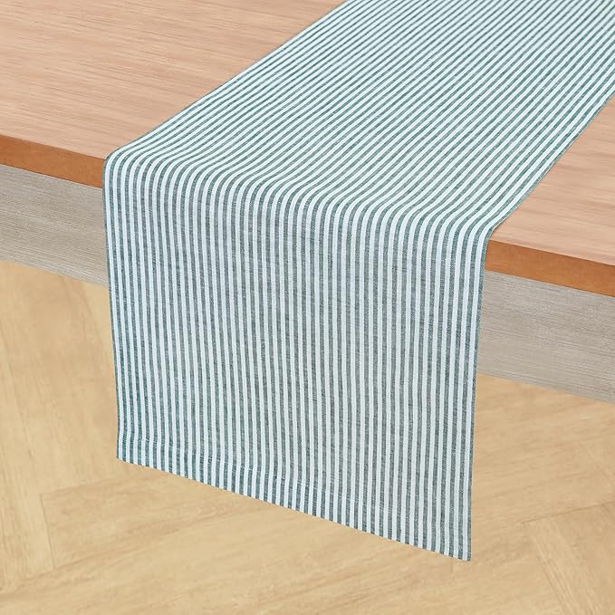 Solino Home Linen Table Runner 90 Inches Long - Narrow Stripe, 100% Pure Linen Rainforest and White Farmhouse Table Runner 14 x 90 Inch for Dining, St Patricks Day