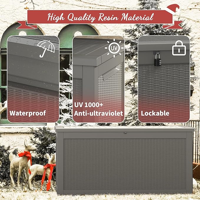 KAMABOKO 260 Gallon Outdoor Storage Box, Resin Deck Boxes Indoor and outdoor, Waterproof Storage Box Lockable Lid for Garden Tools, Package Delivery, Patio Cushions, Grey