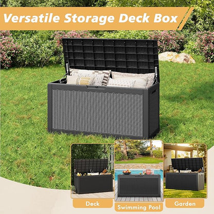 Outdoor Storage Box, Resin Deck Boxes Outdoor Waterproof For Patio Furniture, Garden Tools, Pool Supplies, Durable And UV Resistant, Lockable (100 Gallon, Black)