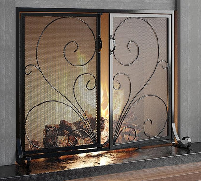 Flat Fireplace Screen with Doors,Solid Wrought Iron Frame with Metal Mesh, Flat Panel Decorative Fireplace Screen with Scroll Design, Free Standing Spark Guard