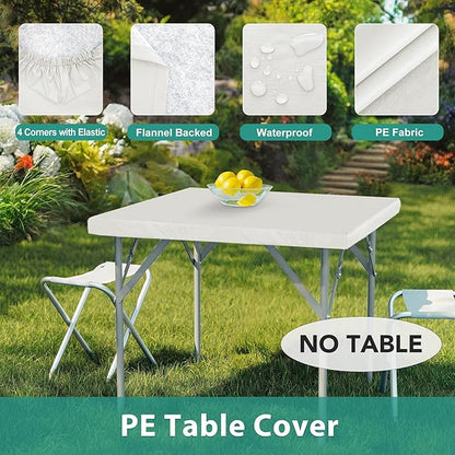 LUSHVIDA 2 Packs Vinyl Card Tablecloth with Flannel Backing 36x36 inch - Waterproof Plastic Picnic Table Cover for Square Folding Table Cloth with Elastic Corners, Ivory