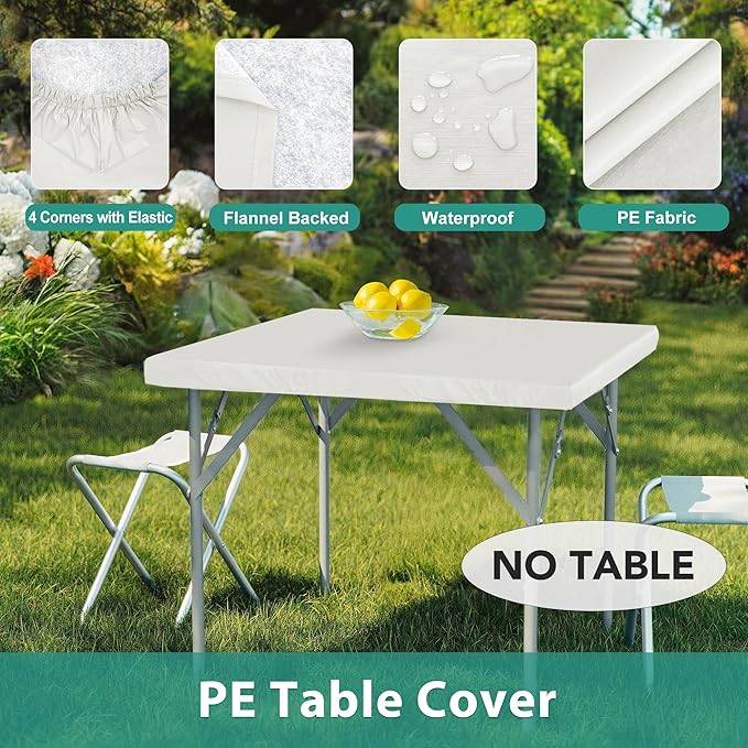 LUSHVIDA 2 Packs Vinyl Card Tablecloth with Flannel Backing 48x48 inch - Waterproof Plastic Picnic Table Cover for Square Folding Table Cloth with Elastic Corners, Ivory