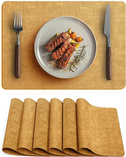 Faux Leather Vinyl Placemats Set of 6 Wipeable Heat Resistant Place Mats 100% Washable - Waterproof - Anti Slip Reversible Table Mats for Kitchen/Dining/Party/Outdoor, 12" x 16.5", Yellow