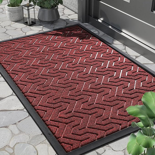 Yimobra Large Door Mat Outside Entrance 36x24, Waterproof Heavy Duty Outdoor Mats for Front Door, Non Slip Rubber Entry Mat for Garage Patio Indoor, Easy Clean, Black Red