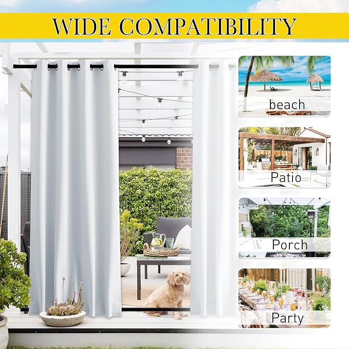 NICETOWN 2 Panels Outdoor Curtains Waterproof Bottom Fixed W46xL90 White | - Image 7