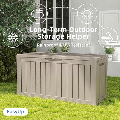EasyUp 85 Gallon Outdoor Storage Box, Resin Waterproof UV-Resistant Deck Box, Reinforced Stability for Patio, Garden, and Poolside, Striped Gray