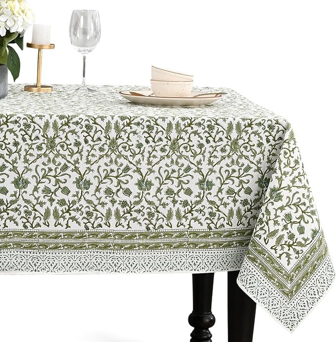 CPC Meadow Vine Tablecloth 100% Cotton 72x140 Inch Indian Block Print Rectangle Table Cover, Table Cloth for Gifting in Weddings, Halloween, Fall, Christmas, Thanksgiving