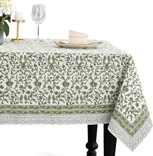 CPC Meadow Vine Tablecloth 100% Cotton 72x140 Inch Indian Block Print Rectangle Table Cover, Table Cloth for Gifting in Weddings, Halloween, Fall, Christmas, Thanksgiving