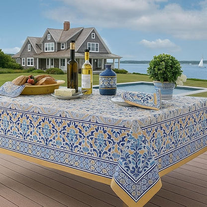 Home Bargains Plus Rectangle Fabric Tablecloth, 52 x 70 Inch, Allure Yellow and Blue Floral Bordered Print, Indoor Outdoor Stain and Water Resistant Table Cloth, Provence French Country