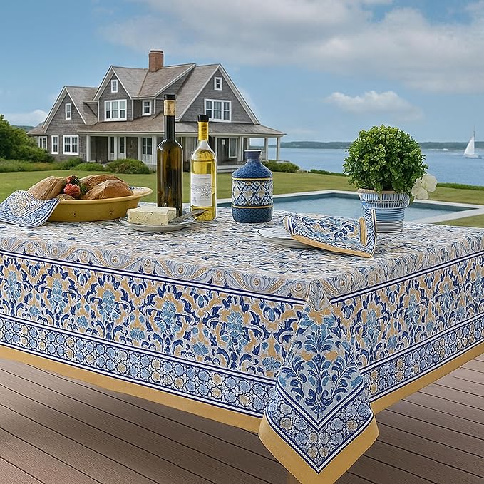 Home Bargains Plus Rectangle Fabric Tablecloth, 60 x 102 Inch, Allure Yellow and Blue Floral Bordered Print, Indoor Outdoor Stain and Water Resistant Table Cloth, Provence French Country