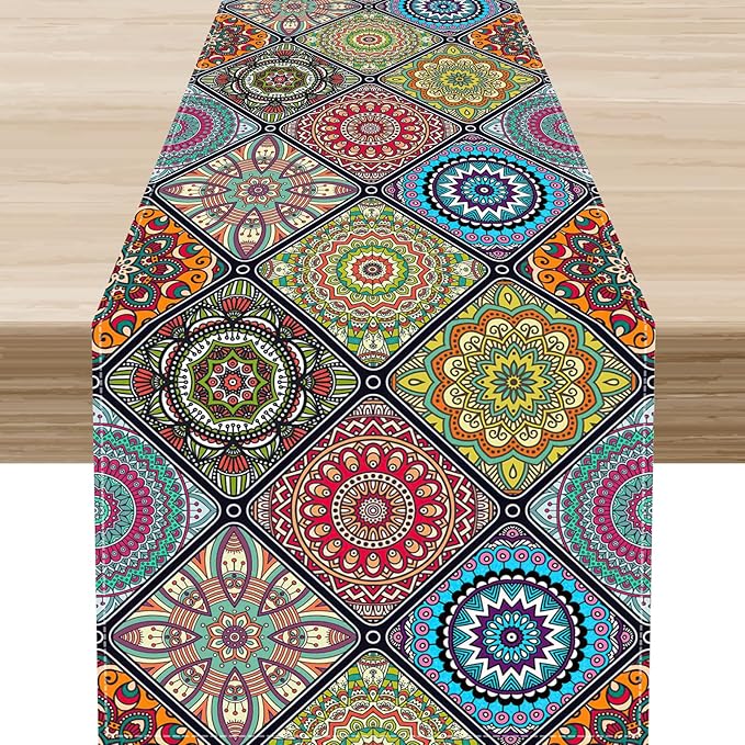 Bohemian Mandala Table Runner, Vintage Colorful Boho Geometric Floral Flower Antique Paisley Rustic Coffee Table Center Decor for Family Kitchen and Living Room Outdoor Table Decorations, 13"x72"