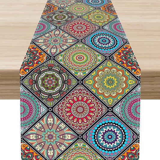 Bohemian Mandala Table Runner, Vintage Colorful Boho Geometric Floral Flower Antique Paisley Rustic Coffee Table Center Decor for Family Kitchen and Living Room Outdoor Table Decorations, 13"x72"