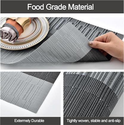 SLKQG Placemats Set of 4 - Washable Easy Clean Vinyl Placemats - Heat Resistant PVC Place Mats for Dining Table - (Black and Gray, 4)