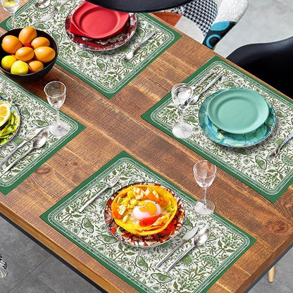 Green Floral Boho Placemats Set of 4, 12x18 Inch Vintage Chinoiserie Block Print Place Mats Seasonal Spring Summer Rustic Farmhouse Table Mats for Party Kitchen Dining Outdoor Indoor Decor