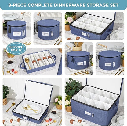 China Storage Hard Shell Containers 8-Piece Set Moving Boxes for Dinnerware, Glasses, Plates, Mugs and Saucers Sturdy Dish Organizer with Dividers for Seasonal Storage - Service for 12 - Denim Blue