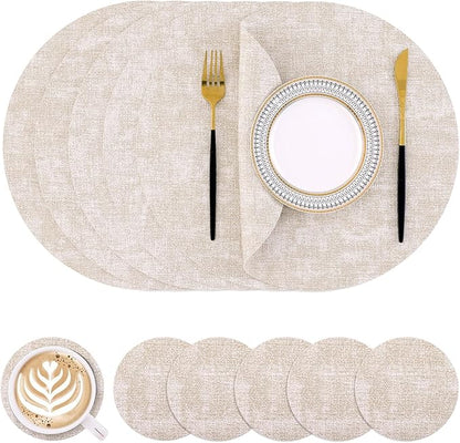 Homaxy Round Faux Leather Placemats and Coasters, Washable Dual-Side Table Mats, Wipeable Heat-Resistant Dining Place Mats for Outdoor and Indoor, Set of 6, Diameter 13 and 3.93 inch, Beige