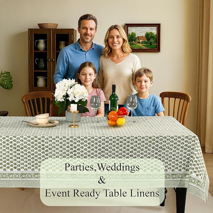 CPC Tablecloth 100% Cotton 70x118 Inch Indian Block Print Rectangle Table Cover, Table Cloth for Weddings, Spring/Summer, Barbeque - Emerald Green