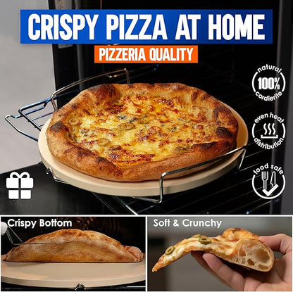 KitchenStar 12-inch Pizza Stone for Oven and BBQ Grill with Handles, Round, 5/8" Thick - Natural Cordierite, 1800 °F Resistant, Baking Stone Set with Stainless Steel Rack & Plastic Scraper Tool