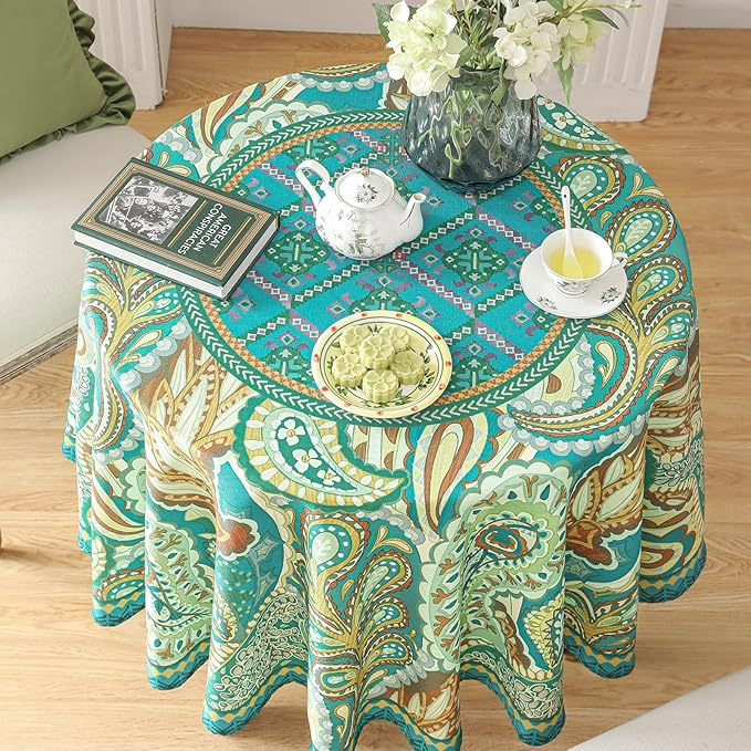 Linen 67 Inch Round Tablecloth,Wrinkle Resistant French Green Tablecloth Print with Froal,Decor Stitch Table Cloth for Thanksgiving,Dining Room,Home,Kitchen Diameter 67"-Milen