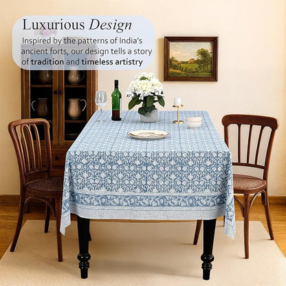 CPC Azure Regal Tablecloth 100% Cotton 70x118 Inch Indian Block Print Rectangle Table Cover, Table Cloth for Gifting in Weddings, Halloween, Fall, Christmas, Thanksgiving
