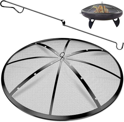 Fire Pit Spark Screen, 24Inch Fire Pit Lid Outdoor with Handle & Poker, Heavy-Duty Mesh Firepit Cove with 12 Reinforced Bars for Backyard/Beach/RV Camping