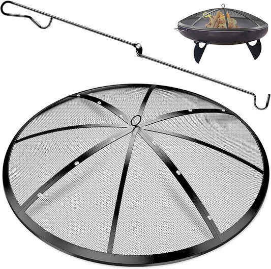 Fire Pit Spark Screen, 24Inch Fire Pit Lid Outdoor with Handle & Poker, Heavy-Duty Mesh Firepit Cove with 12 Reinforced Bars for Backyard/Beach/RV Camping