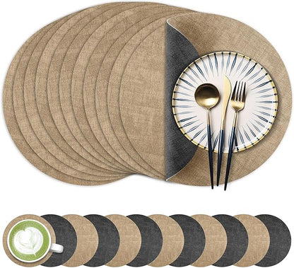 13-Inch Faux Leather Round Placemats Set of 12, Waterproof Anti-Slip Dual Sided Place mats, Heat Resistant Washable Table Mats with Coaster, Suitable for Indoor & Outdoor (12, Black Light Coffee)