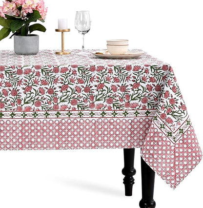 CPC Tablecloth 100% Cotton 70x108 Inch Indian Block Print Rectangle Table Cover, Gray Table Cloth for Weddings, Spring/Summer, Barbeque - Red Garnet