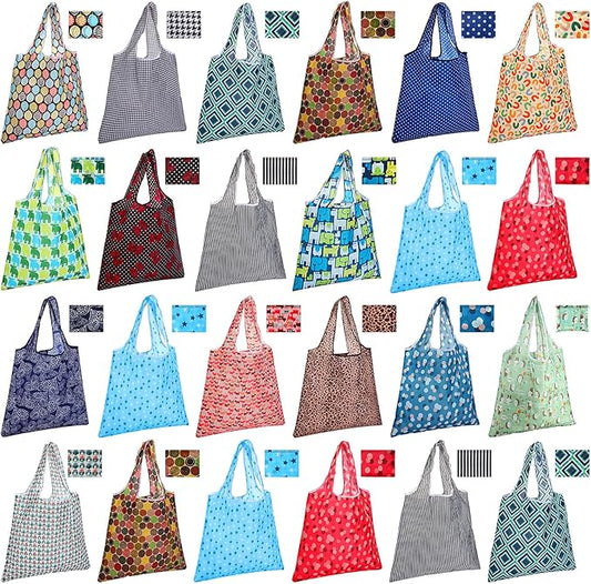 Eccliy 24 Pieces Reusable Grocery Bags Polyester Shopping Bags for Groceries Multi Colors Reusable Foldable Shopping Tote (Geometric Rules)