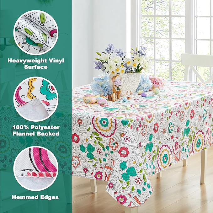 Newbridge Shabby Chic Lily Print 52 x 70 Inch Rectangle Vinyl Flannel Backed Tablecloth, Pink Yellow and Green Lily Indoor and Outdoor Waterproof Vinyl Table Cover for Spring Holiday Party
