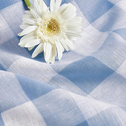 Solino Home Linen Checkered Table Runner 108 Inches Long - 100% Pure Linen Chambray Blue and White Buffalo Check Table Runner 14 x 108 Inch Ideal for Dining, Spring, Easter