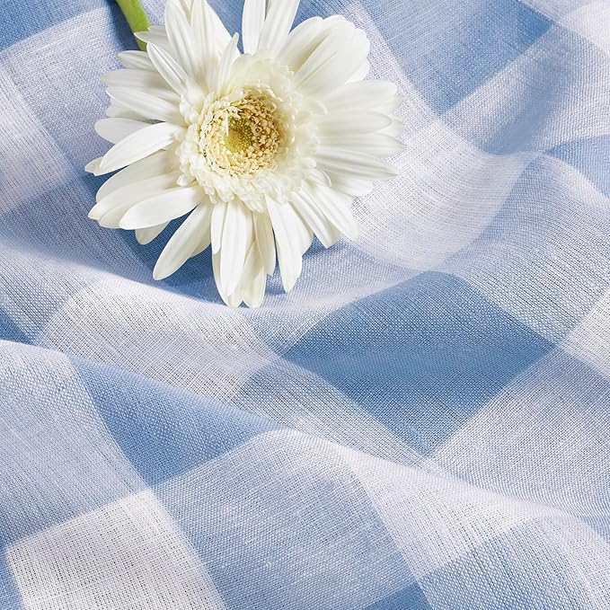 Solino Home Linen Checkered Table Runner 120 Inches Long - 100% Pure Linen Chambray Blue and White Buffalo Check Table Runner 14 x 120 Inch Ideal for Dining, Spring, Easter