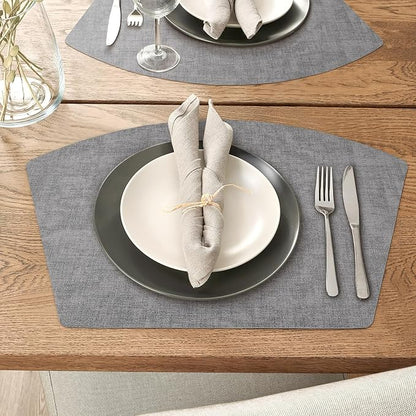 Round Table Placemats Set of 6, Faux Leather Wedge Shape Place Mats Heat Resistant Wipeable Washable Table Mats for Dining Outdoor Indoor, Gray