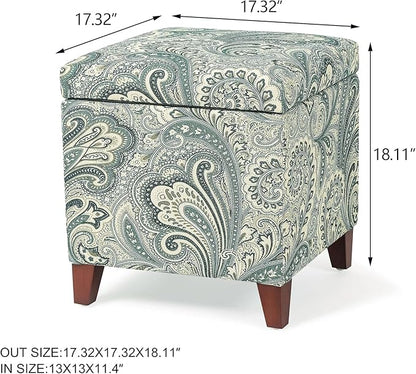 Adeco 18 Inch High Cube Ottoman Storage, Paisley Linen Chair Foot Stools, Upholstered Vanity Stool with Hinged Lid, Solid Wood Legs