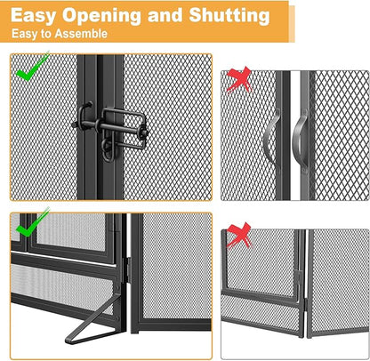 Mr IRONSTONE 3 Panel Fireplace Screen 51.5" W x 32.5" H Modern Foldable with Wrought Metal Decorative Mesh, Heavy Duty Fire Spark Guard Cover for Home Decor Indoor, Black